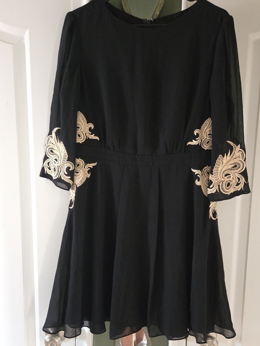 Ted Baker Black Dress with Cream Embroidered Accents, Size 4
